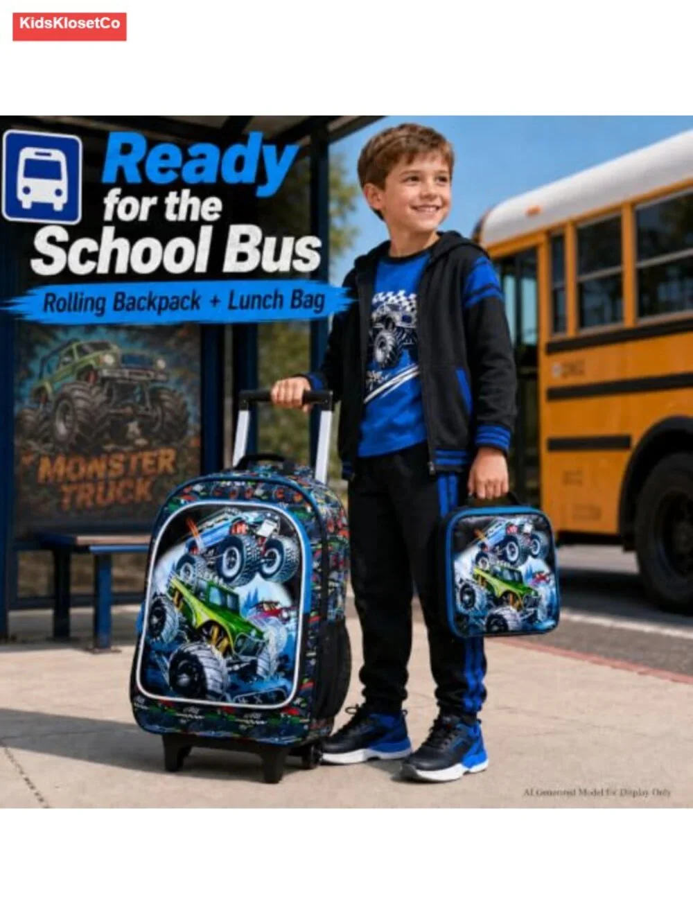 Rolling Backpack for Boys with Wheels, Telescopic Handle, Polyester, Water